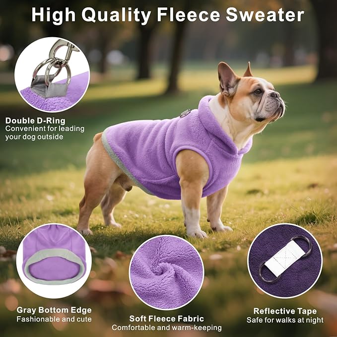 Idepet 2 Pack Dog Fleece Vest Sweater Warm Pullover Jacket with D-Ring Leash Reflective Winter Coat Hoodie for French Bulldog Pug Chihuahuas Yorkies Dachshunds(Purple&Pink,Large-French Bulldog)