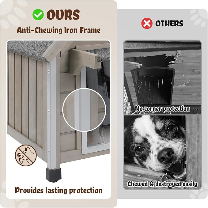 Wooden Outdoor Dog House for Small Dogs, Weatherproof Pet Shelter with Reinforced Frame, Ventilated Window, PVC Door Flap, and Nameplate,18" L x 25" W x 24" H