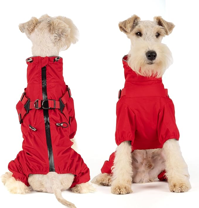 Mile High Life Waterproof Dog Raincoat, Full Coverage Small Dog Rain Coat with Harness, Adjustable 4 Legs Puppy Rain Jacket with Reflective Strip and Elastic Cuffs (Red, XXS Back Length 9.8")