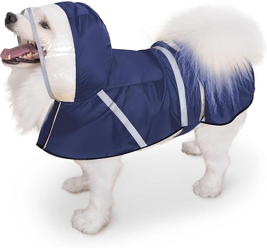 Dog Raincoat, Adjustable Rain Jacket with Hooded Double Layer for Large Medium Small Dogs Puppies, Lightweight Waterproof Rain Coat Poncho with Reflective Stripe Navy,XXL