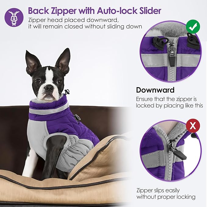 AOFITEE Dog Coat, Warm Dog Winter Coat, Reflective Turtleneck Large Dogs Jacket with Harness Built in, Turtleneck Pet Winter Jacket, Waterproof Pet Snow Jackets Fleece Vest, Purple XL
