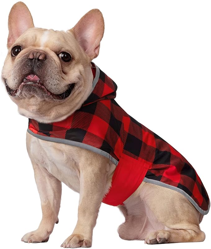 HDE Reversible Dog Raincoat Hooded Slicker Poncho Rain Coat Jacket for Small Medium Large Dogs Buffalo Plaid Red - M