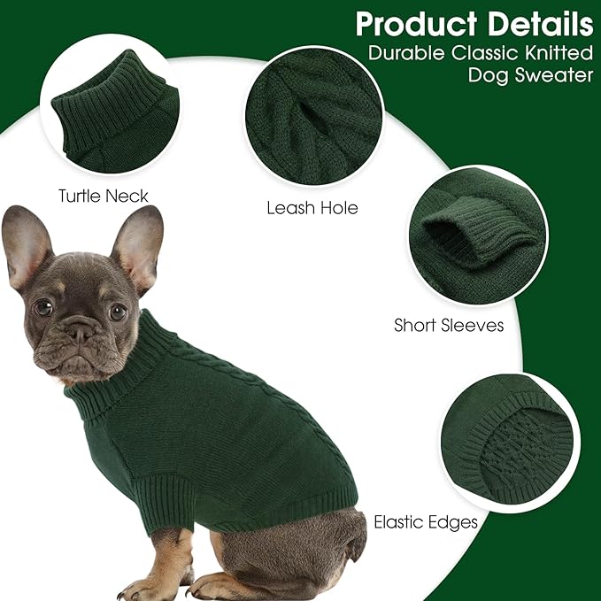 Dog Sweaters for Large Dogs Classic Turtleneck Dog Christmas Sweater Thick Warm Pullover Male Puppy Pet Stretch Knitwear Fall Winter Clothes with Leash Hole(Green, 2XL)