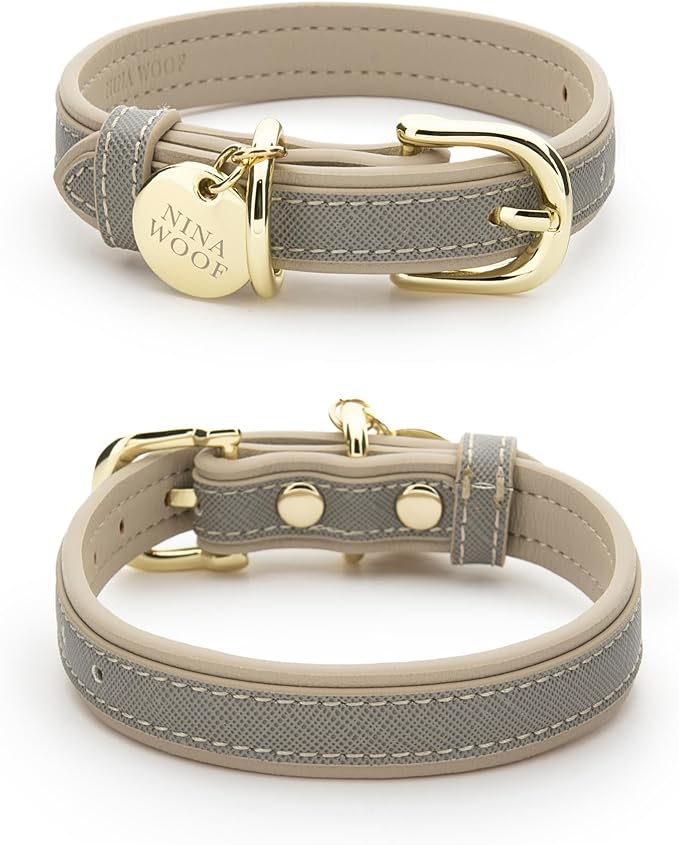 NINA WOOF London Vegan Leather Dog Collar - Luxury Adjustable Buckle for Small to Large Dogs - Padded - Grey Over Beige, Large