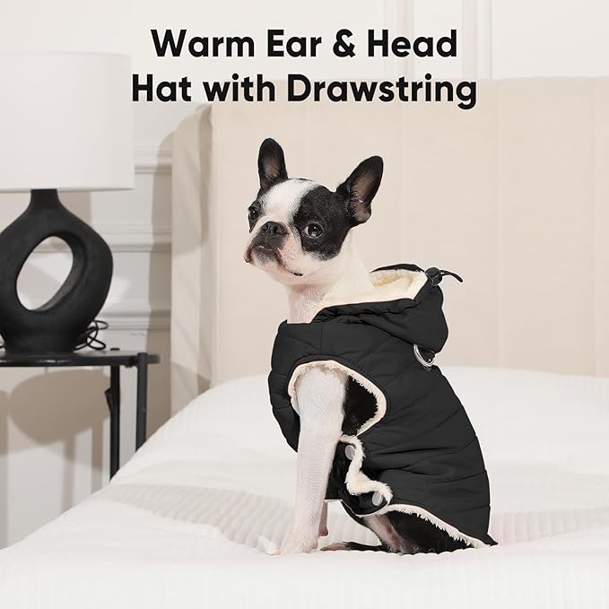 Fleece Lining Dog Hoodie with Harness Built in,Extra Warm Medium Dog Jacket in Winter Doggie Coats with Drawstring Hooded,Black XL