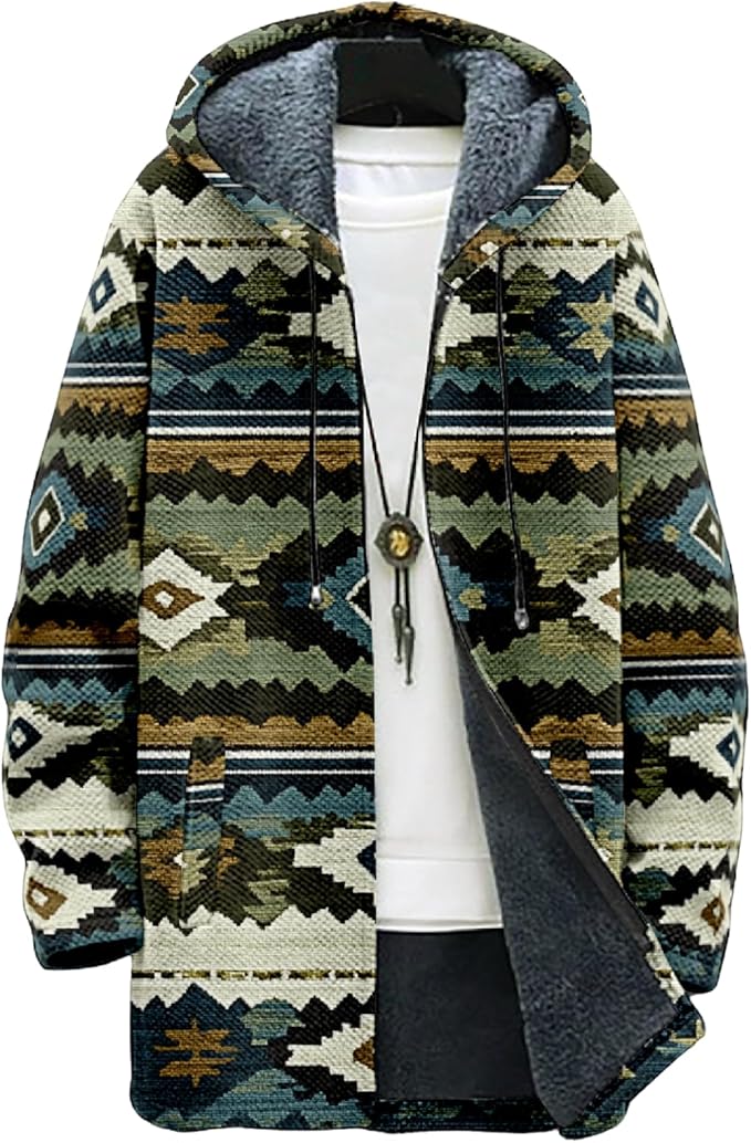 Mens Aztec Print Hoodie Heavyweight Cotton Fleece Jacket Zip Up Warm Long Sleeve Hooded Winter Midi Coat