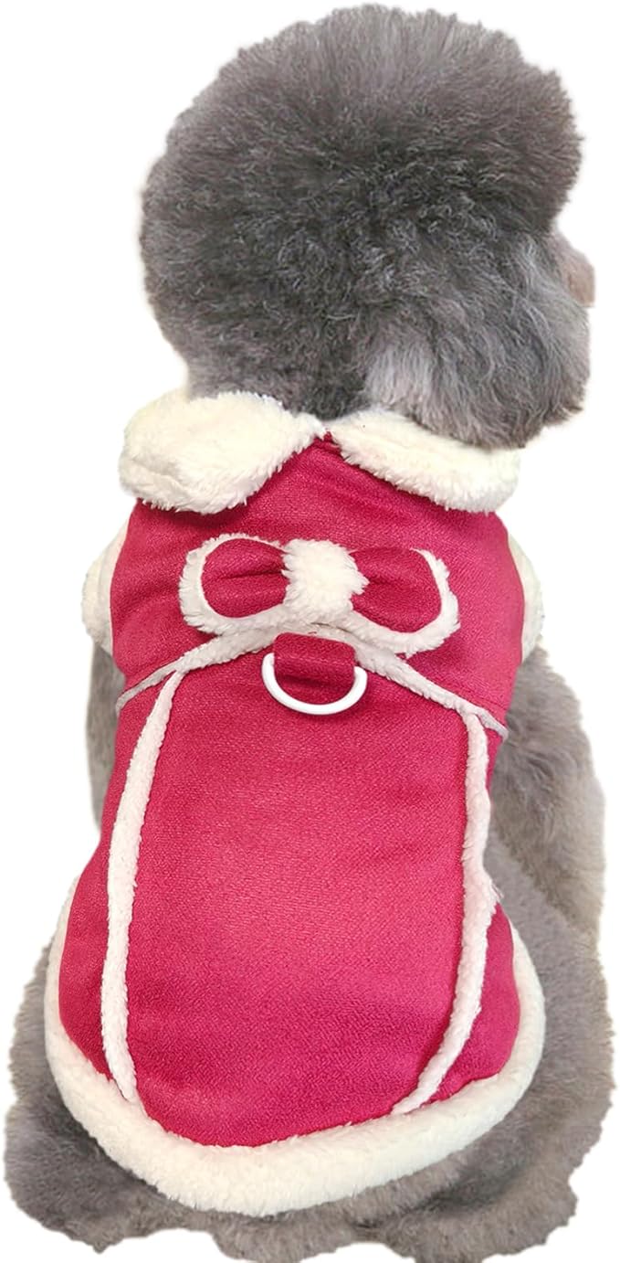 Jecikelon Bowtie Dog Cold Weather Coat Fleece Lining Warm Pet Puppy Turtleneck Dogs Winter Clothes for Small Dogs with D-Ring (Red, Medium)