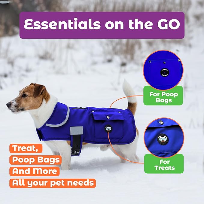 Joyride Harness FrostFlex Dog Winter Jacket - Fleece Lined & Water-Resistant - Snowsuit with Pockets for Treats & Poop Bags - Durable Cold Weather Dog Coat - Blue Serenity-XXL