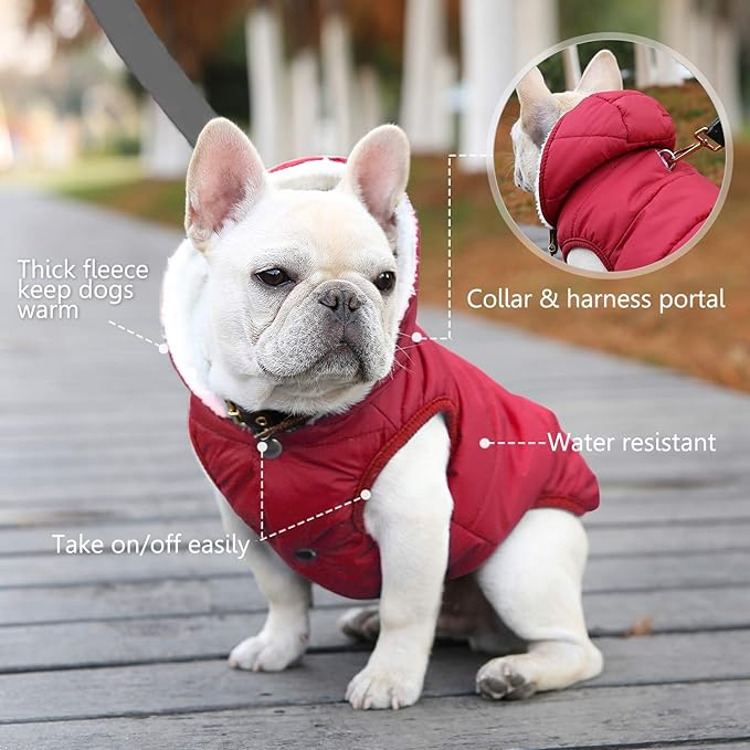 Fleece Hoodie, Windproof Waterproof Dog Coat, Winter Warm Jacket, Cold Weather Pet Apparel Clothes Vest for Small Medium Large Dogs (S, Red)