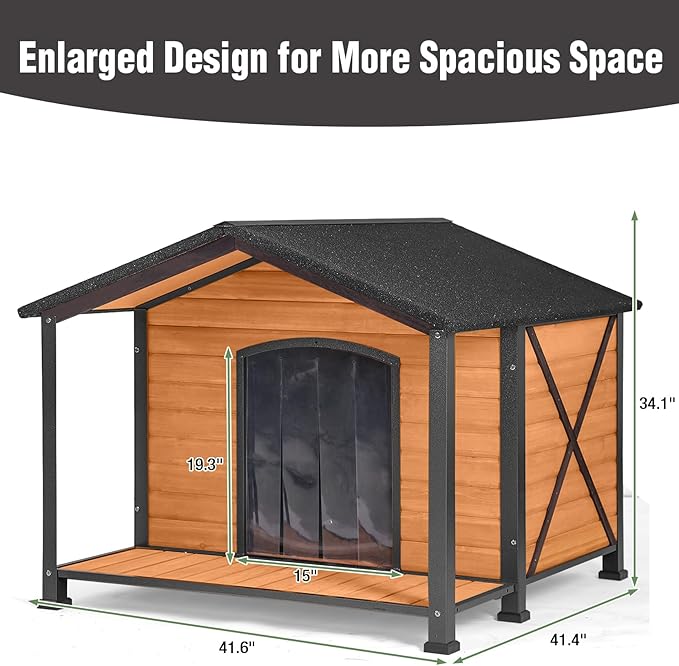 Extra Large Dog House Outdoor with Porch, Weatherproof Wooden Dog Kennel with Asphalt Roof & Full Iron Frame for Large Dogs