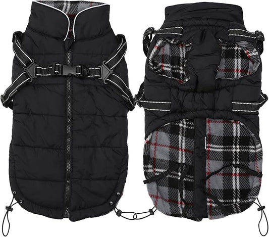 Geyecete Winter Warm Coat Waterproof Dog Winter Jacket with Harness Traction Belt,Pet Outdoor Jacket Dog Autumn and Winter Clothes for Medium, Small Dog-Black-XS