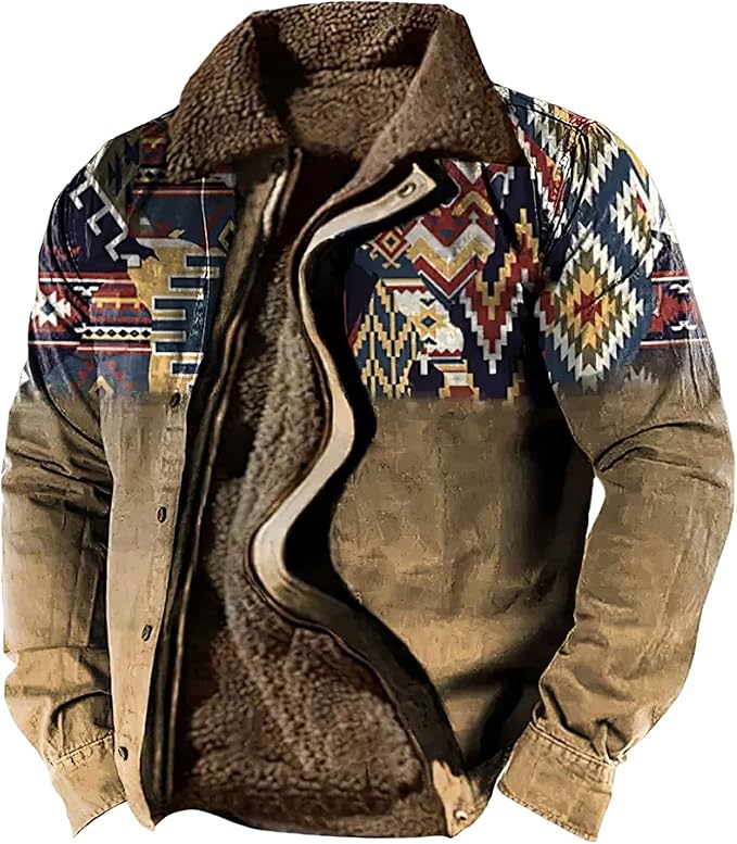 LOAIHA Men's Western Aztec Vintage Print Sherpa Fleece Lined Jackets Casual Zipper Winter Warm Jacket Coats