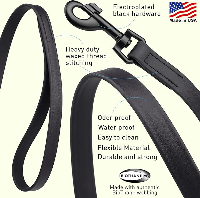 Dogline Biothane Waterproof 6ft Dog Leash Strong Coated Nylon Webbing with Black Hardware Odor-Proof Easy to Clean High Performance for Small or Large Dogs Made in USA 6ft Lead, Black