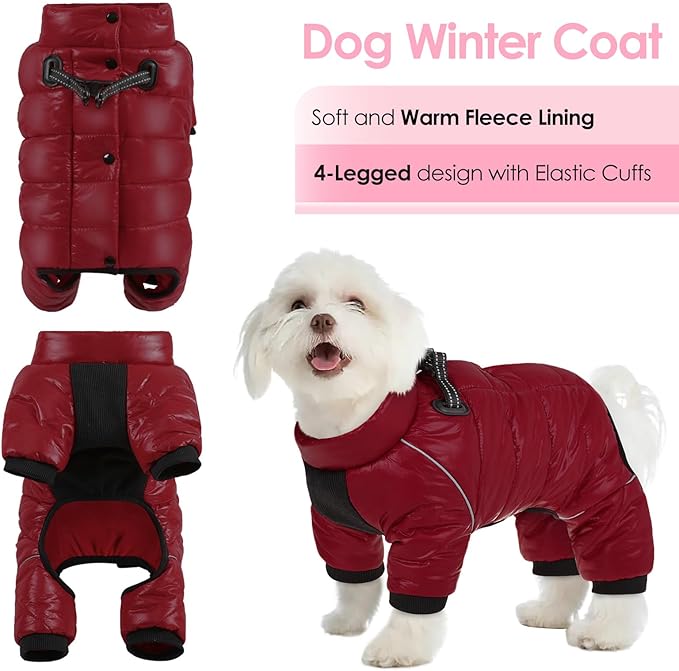 AOFITEE Dog Coat, Waterproof Dogs Jacket for Winter, Warm Fullbody Small Dog Snowsuit, Winter Coat for Small Dogs, Zip Up Pet Puffer Jacket Fleece Vest, Reflective Pet Snow Jackets, Christmas Red