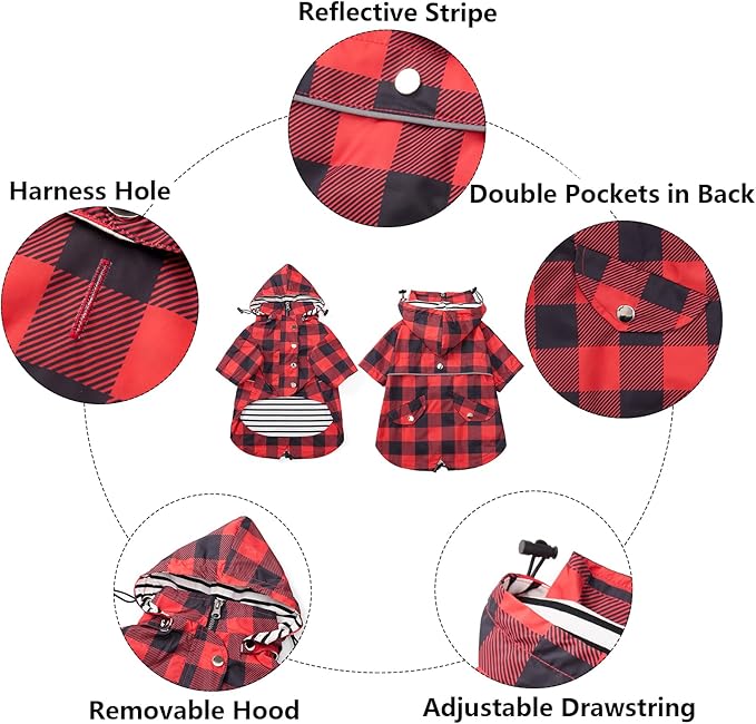 Dog rain Coat Waterproof Raincoat Puppy Jacket with Legs Buttons Zipper Hood Drawstring Fit for Yorkie Terrier Schnauzer Poodle Border Collie Labrador Golden Retriever 8lbs to 80lbs Red XL