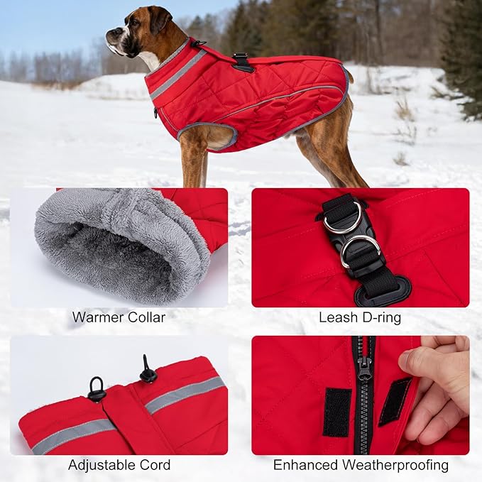 Dog Coat, Warm Dog Winter Coat for Large Dogs, Waterproof Jacket with Harness Built in, Reflective Turtleneck Cold Weather Coats with Zipper,Pet Fleece Vest Snow Jacket, Red XXXL