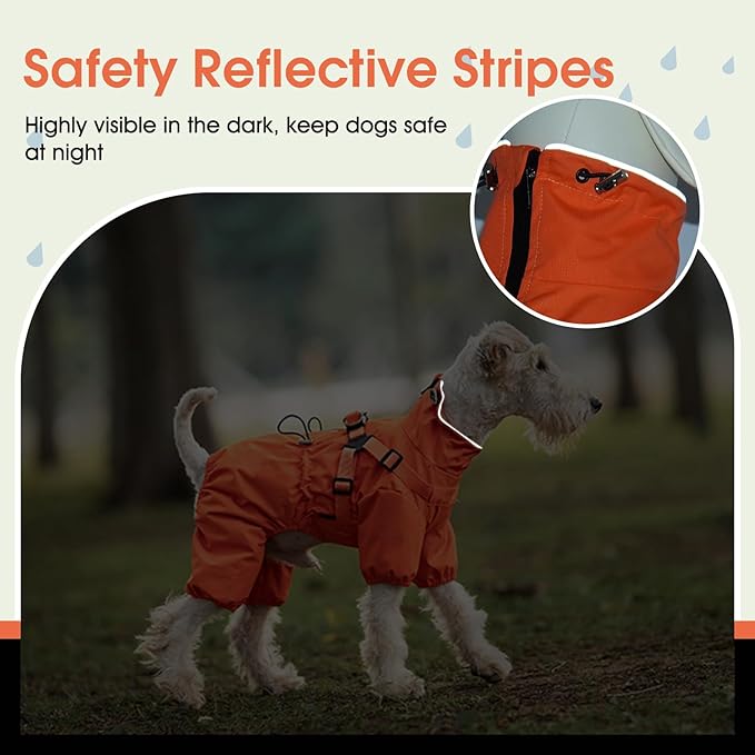 BRKURLEG Dog Raincoat for Small Dogs, Small Dog Rain Jacket with Harness Built in, Waterproof 4 Legs Pet Raincoats, Puppy Outdoor Jacket with Reflective Strip, Orange, S
