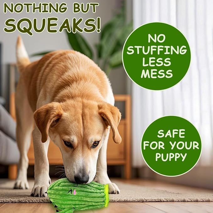 No Stuffing 3 Pack Squeaky Dog Toys- 2 in 1 Interactive Plush Dog Toy- Cactus Shaped Rip and Reveal Toy for Puppies-Indoor & Outdoor Play Training & Toss & Play