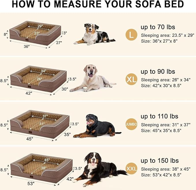 Orthopedic XL Dog Beds, Waterproof Memory Foam Big Pet Bed for Extra Large Sized Dogs 45x35Inch, Non-Slip Bottom and Egg-Crate Foam Dog Couch Bed with Washable Removable Cover, Brown