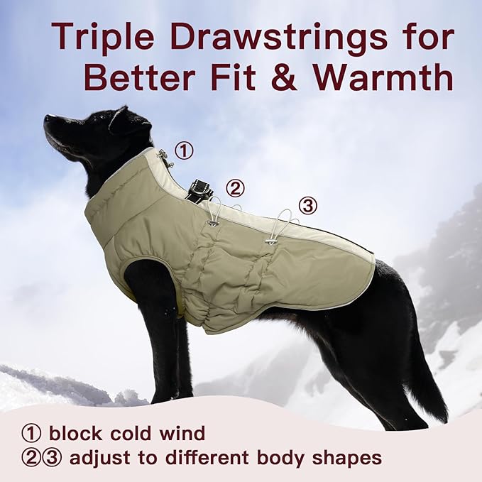 Dog Winter Jacket-3X Large, Warm Zip Up Snowsuit Dog Harness Vest - Reflective, Water-Resistant, Snow Jacket for Large Dogs, Labrador, Husky, Apricot