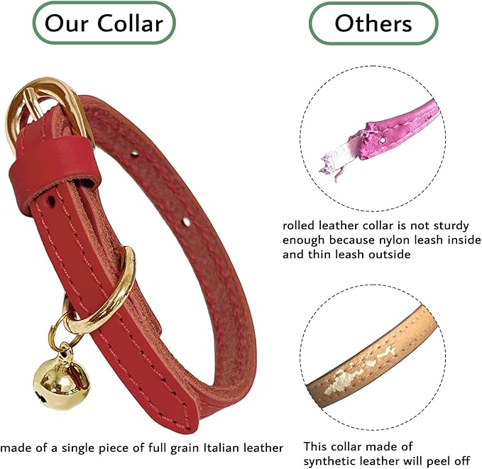 Guiding Star Leather Collar for Puppy, Cute Soft Thin Dogs Collars for Small Medium Dogs, Cat Collar with Bell (Red, XXS, 6.2"-10")