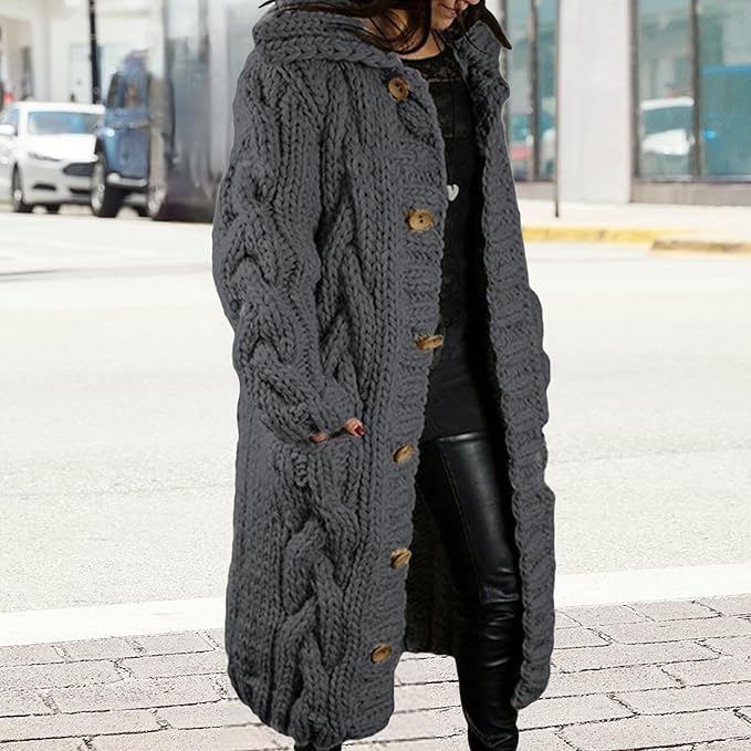 LOAIHA Women Chunky Cable Knit Long Sleeve Cardigan Fall Winter Trendy Oversized Button Down Sweaters Outerwear with Pocket