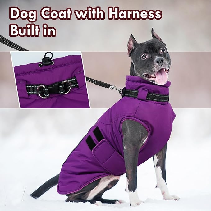 Dog Coats for Extra Large Dogs Winter Waterproof Jacket with Harness Reflective Adjustable Hook&Loop Snowsuit for Cold Weather, Warm Snow Jackets for Dogs Great Dane Saint Bernard, 5XL Purple