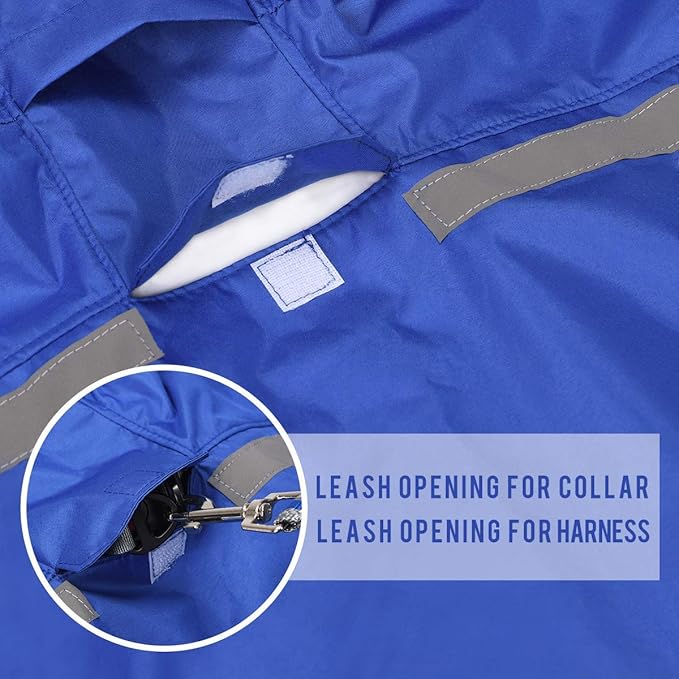 Dog Raincoat with Adjustable Belly Strap and Leash Hole - Hoodie with Reflective Strip - Waterproof Slicker Lightweight Breathable Rain Poncho Jacket for Medium Large Dogs - Easy to Wear, Blue 5XL