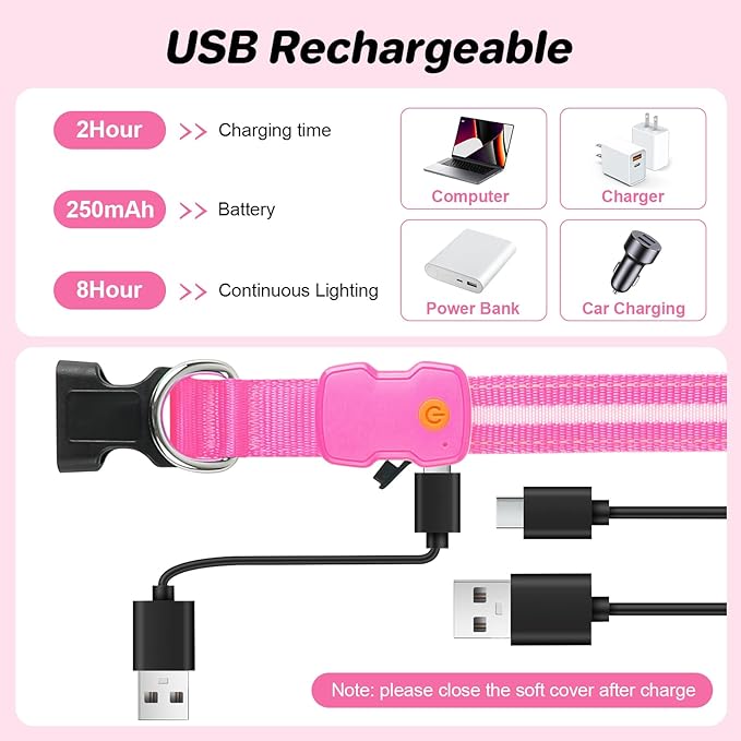 PcEoTllar Light Up Dog Collars, Led Dog Collar, Rechargeable, Night Walking, Waterproof, Glow in The Dark Dog Collars Light for Large Small Medium Dogs, Pink l