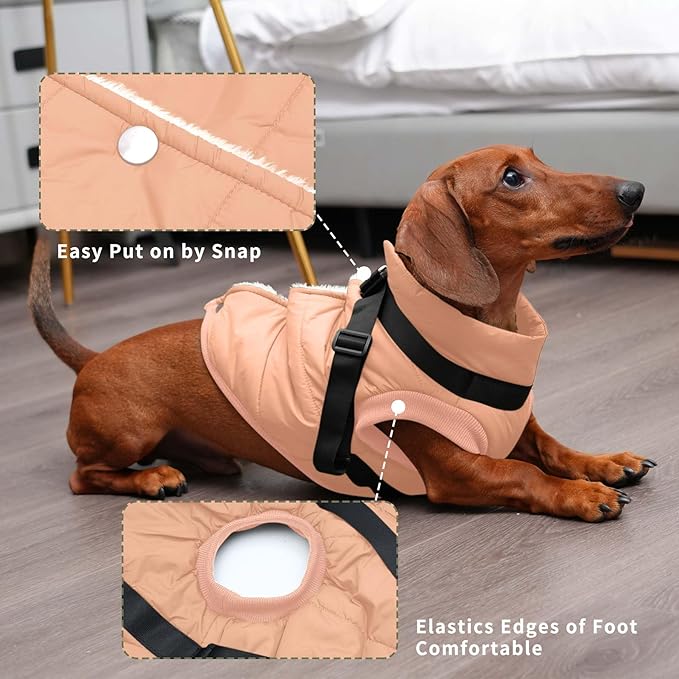 Dog Jacket with Harness,Fleece Lined Warm Puppy Coat for Winter,Soft Windproof Large Dog Vest,LightOrange XXL