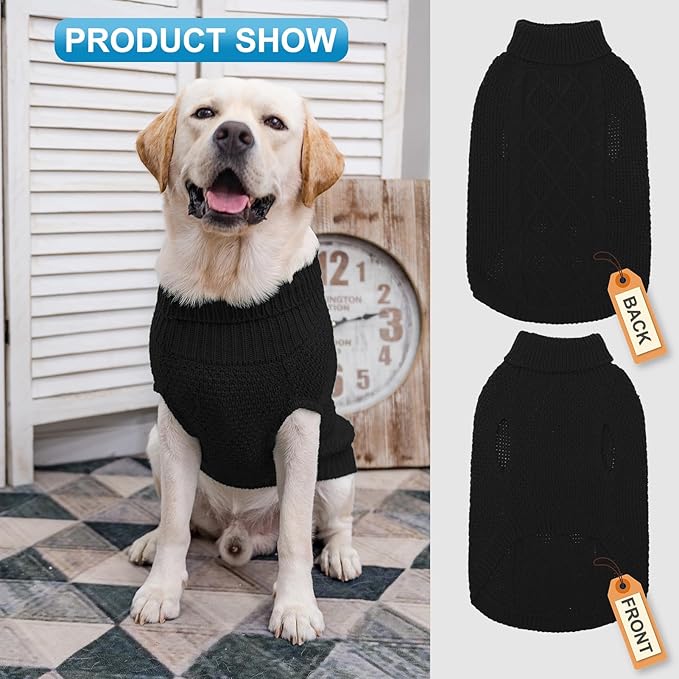 Mihachi Turtleneck Dog Sweater - Winter Coat Apparel Classic Cable Knit Clothes with Leash Hole for Cold Weather, Ideal Gift for Pet in New Year Black Medium