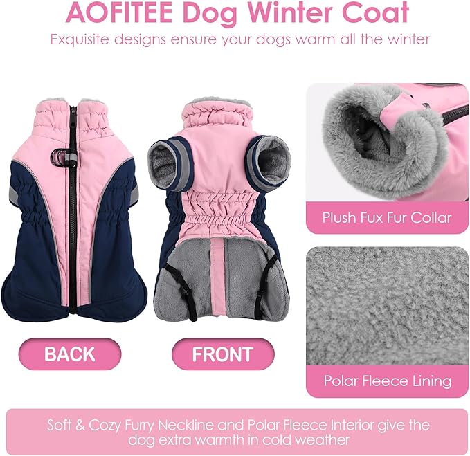 AOFITEE Dog Coat - Warm Small Dog Winter Jacket with Two Legs- Zip Up Dogs Jackets for Winter Reflective Dogs Snow Coats Puffer Jackets for Yorkshire, Schnauzer, PinkNavy S