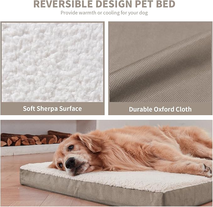 Orthopedic Dog Bed for Extra Large Dogs, XL Comfort Pet Mat for Large Sized Dog 44x32 Inch, Egg Crate Foam with Removable Washable Oxford Cover, Khaki White