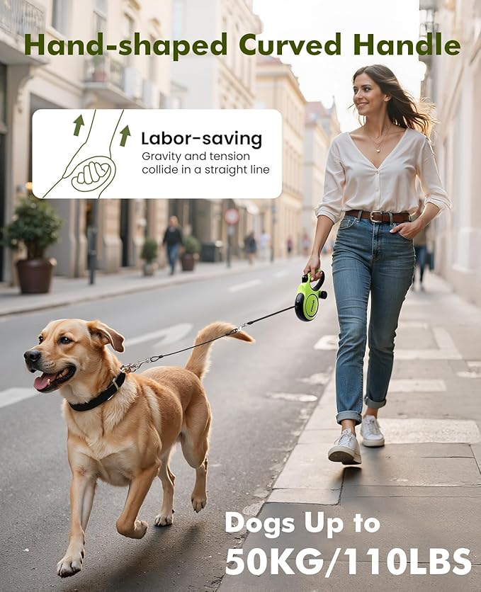 Retractable Dog Leash with Chew Proof Extender, 26ft Heavy Duty Retractable Pet Leash with Poop Bag Holder, Anti-Slip Grip, Reflective Leashes for Medium Large Pets up to 110 lbs(Green)