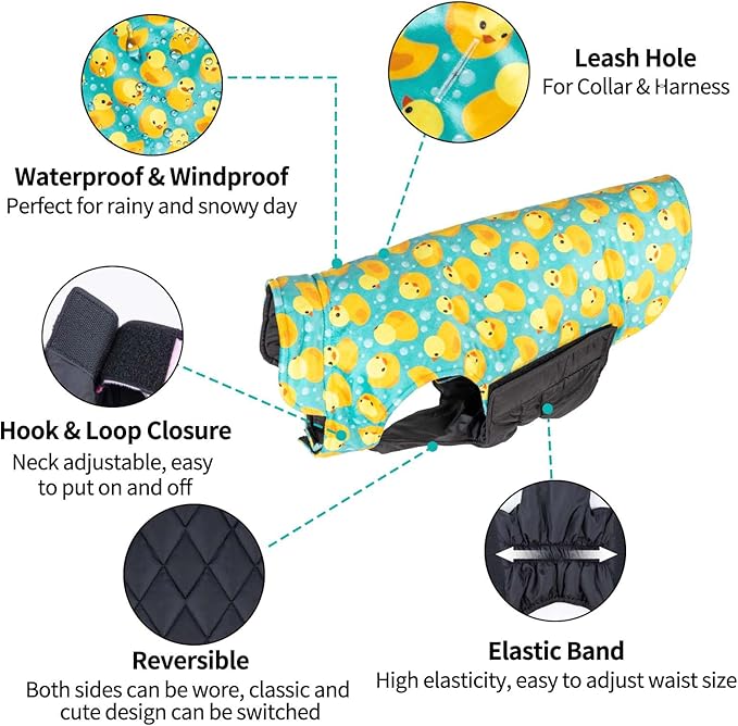 CuteBone Reversible Jacket for Dogs - Waterproof, Windproof, Soft Winter Coat with Leash Hole - Thick, Adjustable for Small, Medium and Large Dogs - Perfect for Cold Weather