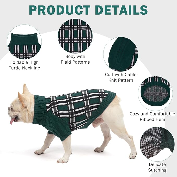 SCENEREAL Turtleneck Dog Sweater for Small Medium Large Dogs Girls Boys, Christmas Plaid Pullover Puppy Sweatershirt, Dogs Cold Weather Outfit Clothes, Ideal Gift for Pet in New Year, Green Plaid SM