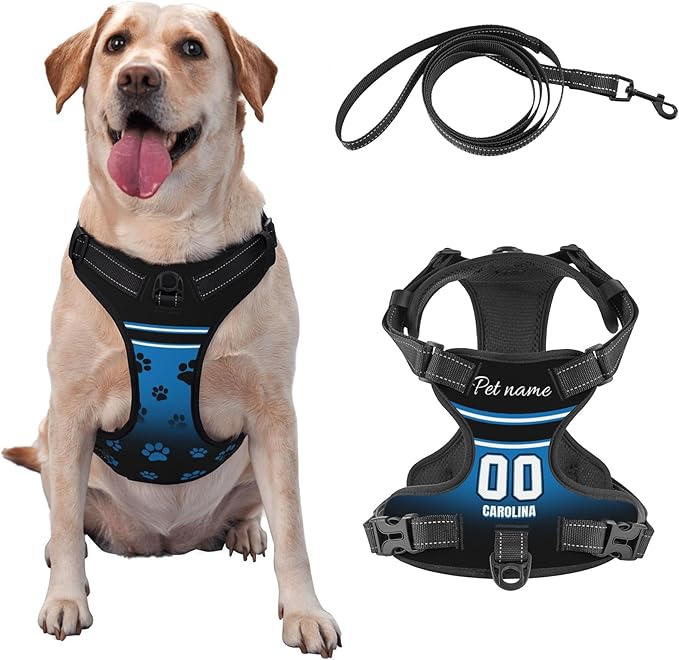 Custom Carolina Dog Harness with Reflective Stripes Personalized Name and Number Dog Vest Harness with Pet Traction Rope for Small Medium Large Dog