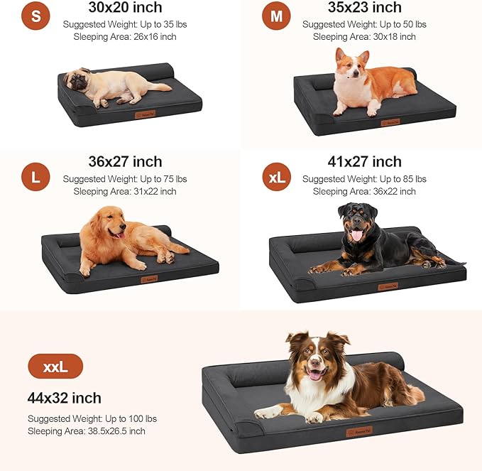 Orthopedic Dog Beds Large Sized Dog, Memory Foam Pet Bed for Medium and Large Dogs, Removable and Washable Microsuede Cover, TPU Waterproof Liner, Nonskid Bottom, 41x27x6 Inches, Dark Grey