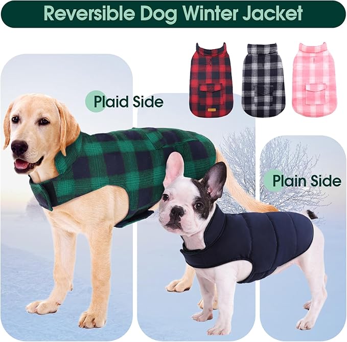 Kuoser Dog Winter Coat, Reversible Dog Jacket, Warm Doggie Coat British Style Puppy Cold Weather Vest, Windproof Pet Clothes Vest for Small Dogs, Green S