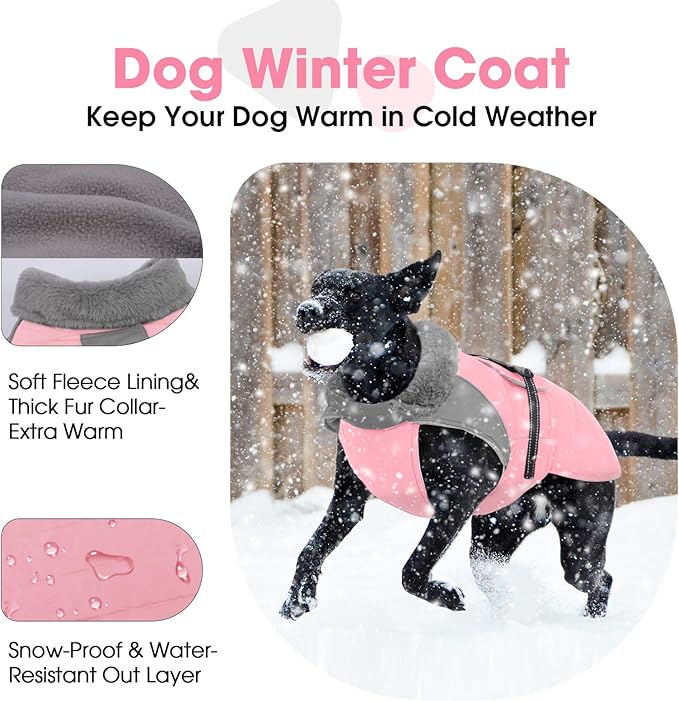Nanaki Large Dog Coats for Winter Waterproof, Warm Fleece Lining Reflective Large Dog Jacket with Leash Hole,Furry Collar Cold Weather Puppy Jacket Outdoor Walking Hunting Easy On Pet Snow, Pink 2XL