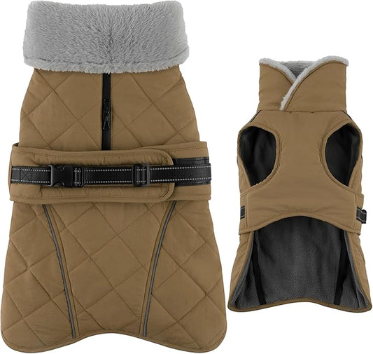 Dog Coat, Waterproof Dog Winter Jacket with Adjustable Buckle, Reflective Turtleneck Pet Snow Vest Warm Fleece Sweater for Small Medium Large Dogs - Khaki, 3XL