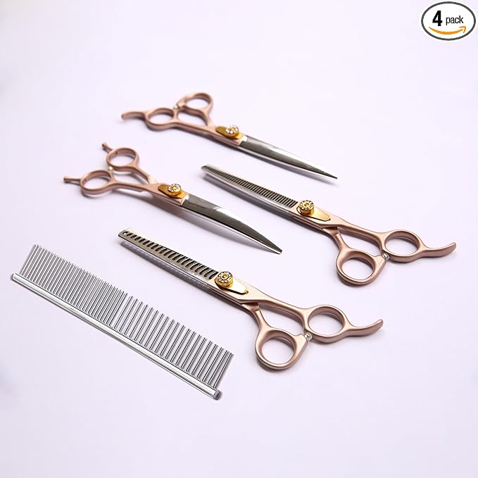 7 Inch Professional Dog Grooming Scissors Kit, 6-in-1 Grooming Scissors for Dogs, Pet Grooming Shears Set, Straight Scissor & Thinning Shear & Curved Scissor & Chunker Shear (Rose Gold)