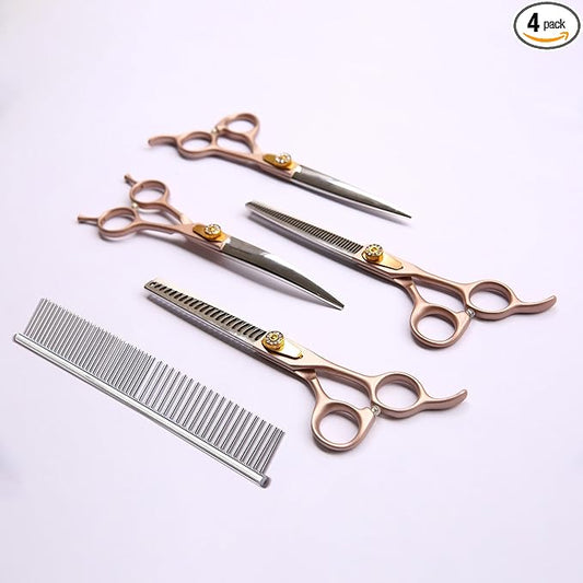 7 Inch Professional Dog Grooming Scissors Kit, 6-in-1 Grooming Scissors for Dogs, Pet Grooming Shears Set, Straight Scissor & Thinning Shear & Curved Scissor & Chunker Shear (Rose Gold)