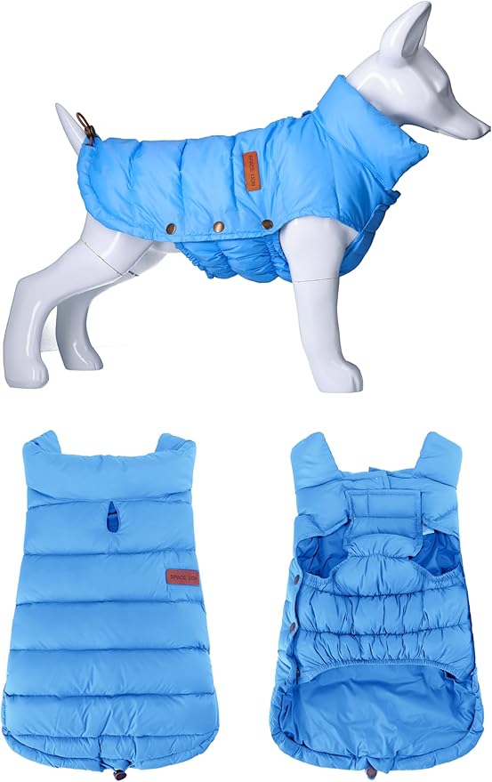 SPACE LION Dog Puffer Jacket, Down Winter Coat, Durable Outdoor Coat for Cold and Windy Conditions, Waterproof, Lightweight Jacket, Adjustable Fit for Small, Medium, Large Dogs(Blue,12/M)