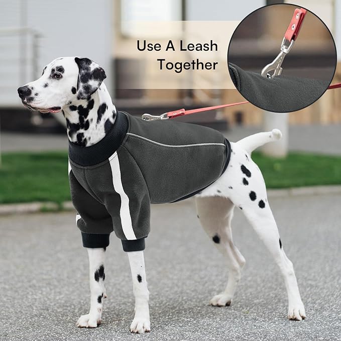Queenmore Fleece Dog Sweater for Male Dogs, Soft Pullover Dog Sweatshirt with Leash Hole/Reflective Stripes – Cozy Winter Fleece Jacket for Small Medium Large Boy Puppy, Grey XXXL