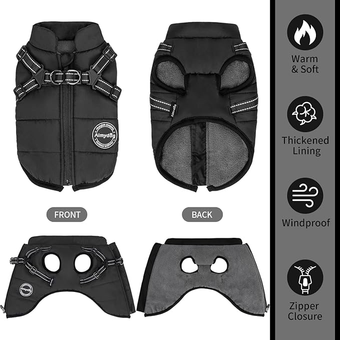 Warm Winter Coat, Waterproof Windproof Jacket, Reflective Adjustable Black Pet Vest with Harness, Thick Polar Fleece Lining Cozy Apparel for Small Medium Dogs & Cats