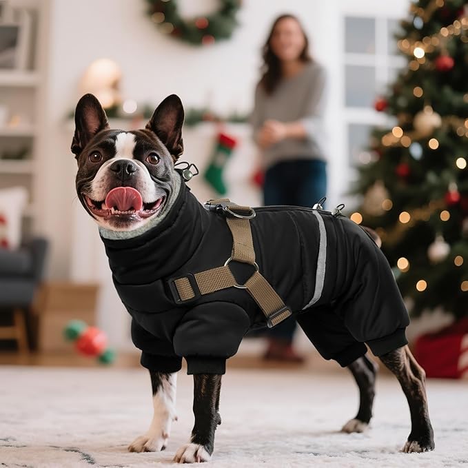 BRKURLEG Black Dog Coat with Harness, Dog Winter Jacket, Dogs Onesie Body Warm Jackets, Small Dogs Winter Coats Reflective Windproof Warm Cold Weather Coats, Pet Waterproof Jacket Hiking S