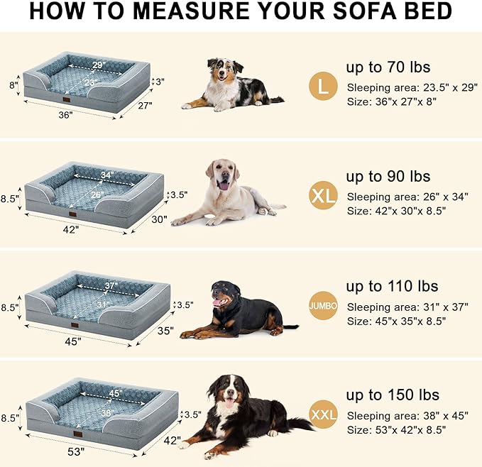 Orthopedic Dog Beds for Extra Large Sized Dogs, Waterproof Memory Foam XL Pet Bed with Sides 42x30Inch, Non-Slip and Egg-Crate Foam Big Dog Couch Bed with Removable Washable Cover, Light Grey