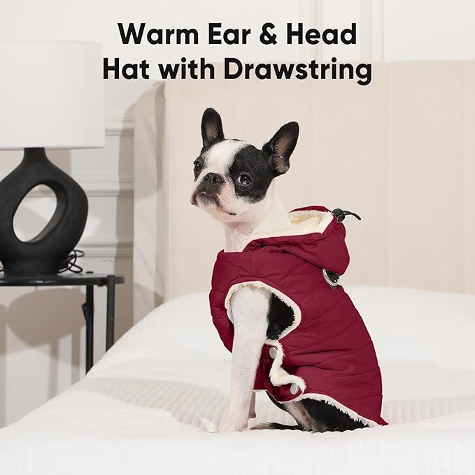 Fleece Lining Dog Hoodie with Harness Built in,Extra Warm Large Dog Jacket in Winter Doggie Coats with Drawstring Hooded,Red XXL