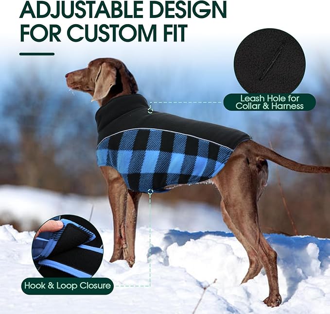 Kuoser Dog Winter Coat, Reversible Waterproof Dog Jacket with Reflective Strip, Warm Dogs Fleece Vest Adjustable Doggy Cold Weather Clothes Plaid Christmas Outfit Pet Apparel for Large Dogs, Blue 2XL